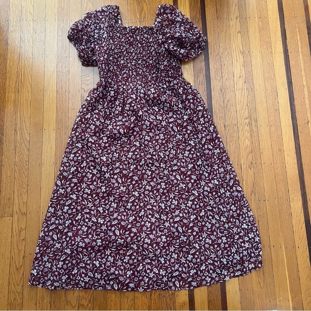 Madewell Lucie Smocked Button-Front Midi Dress Batik Vine red puff sleeves M NEW - Picture 3 of 3